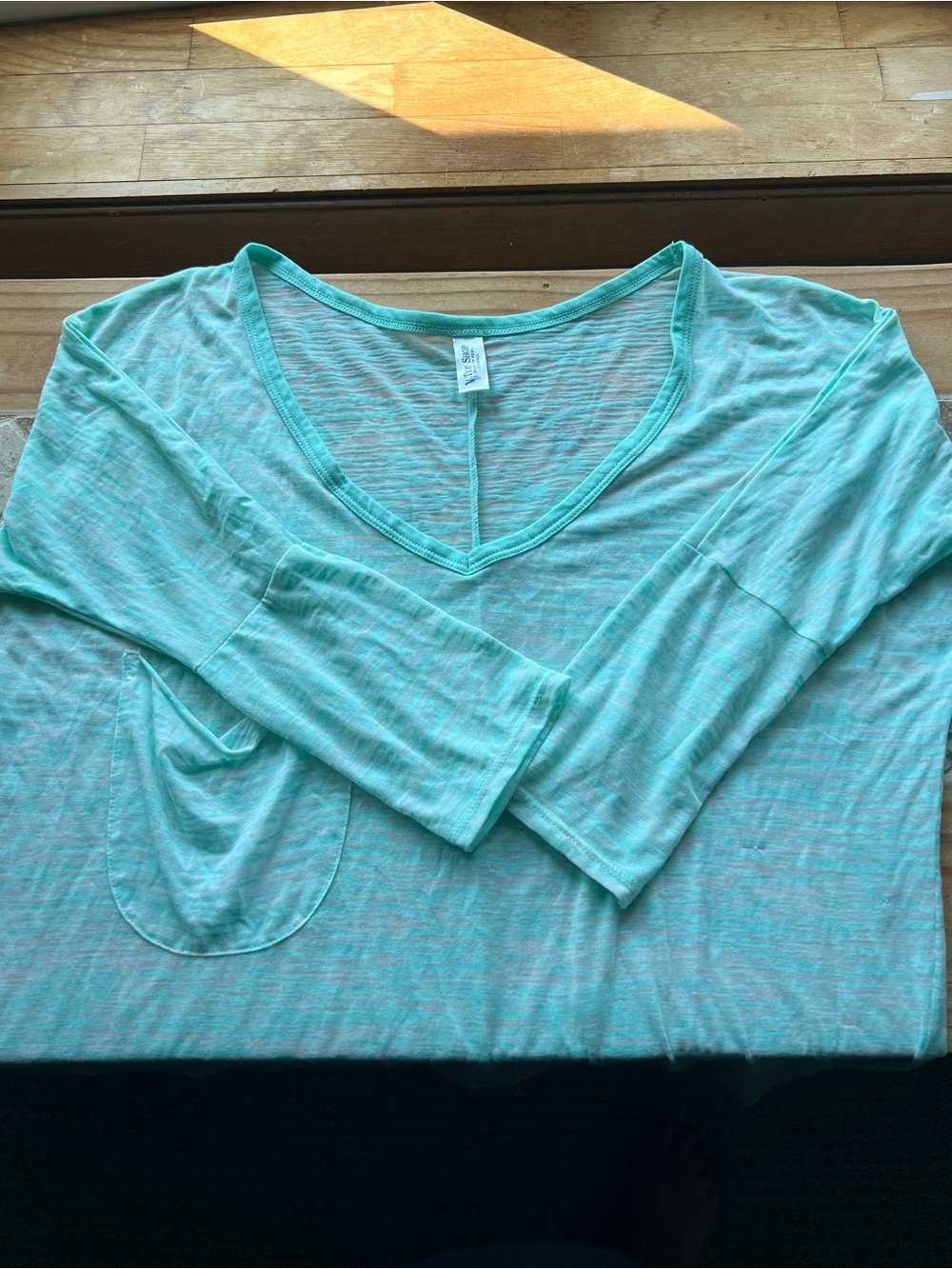 Tee Shop Blue Solid V-Neck 3/4 Sleeve Pullover Top w/ Pocket Women’s S # 308